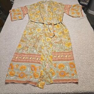 Sunday Up Long Kimono Duster Robe Coverup Green Pink Floral Butterfly Tie Size S